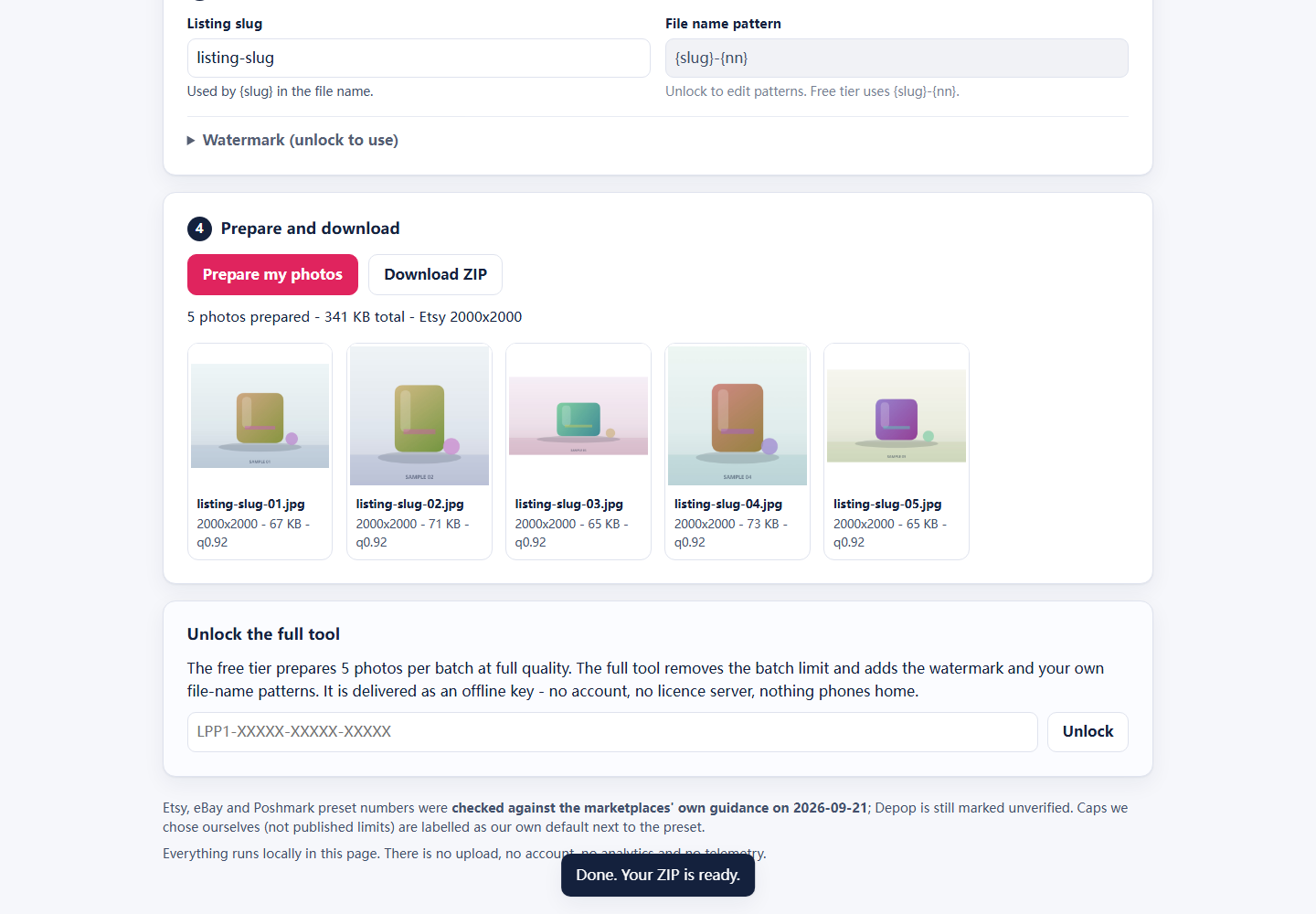 A finished batch: a grid of prepared thumbnails, a per-file summary and an enabled download ZIP button.