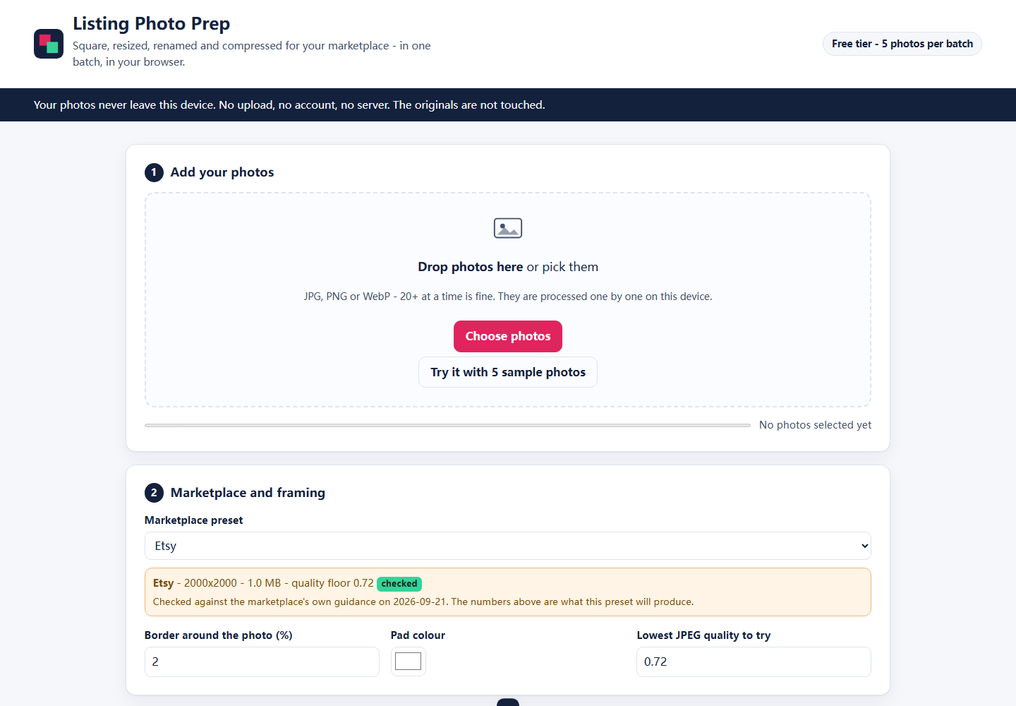 The Listing Photo Prep app: a drop zone, marketplace preset picker, padding and rename controls, and a progress bar.